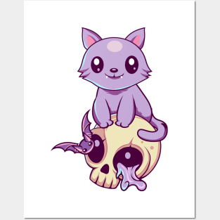 Skull Cat Kawaii Posters and Art